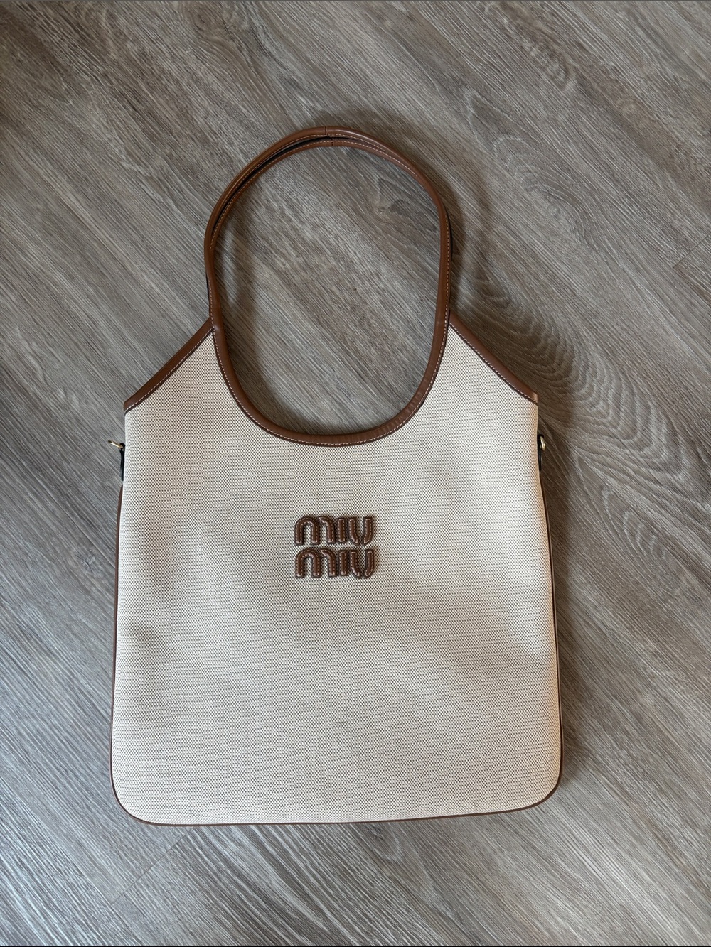 Miu Miu Cream Canvas Tote with Brown Leather Trim